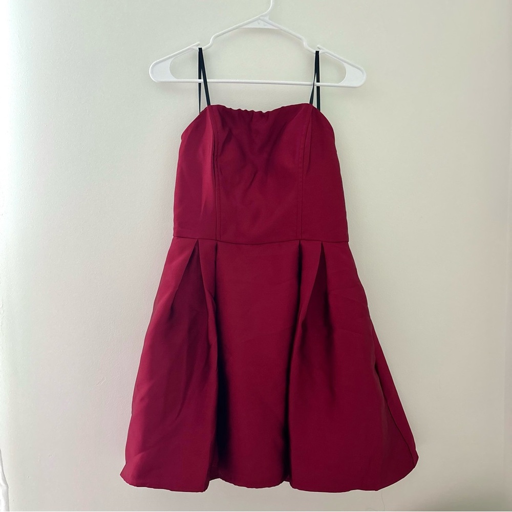 Red strapless satin mini dress